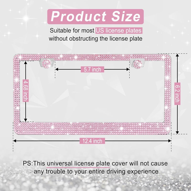 amiss Bling License Plate Frame for Women, 2Pack Rhinestone Handcrafted Crystal Premium Stainless Steel, Stainless Steel Car Accessories with Diamond Sparkle Glitter Caps (Pink) - Image 2